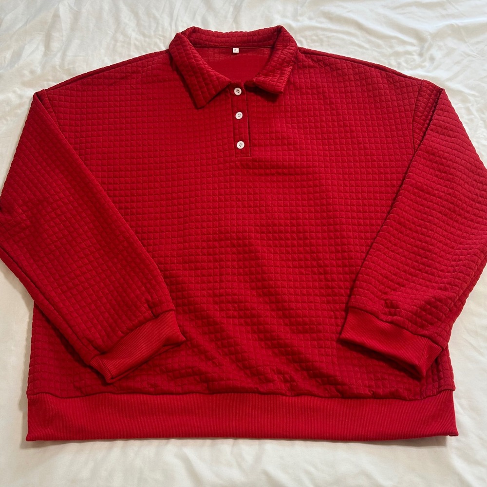 Mens Red Quilted Pullover Polo Sweatshirt XXL Long Sleeve Textured Top